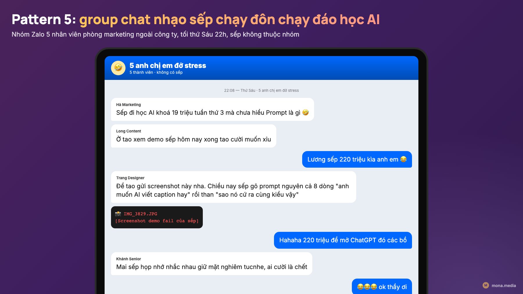 Pattern 5 nhân viên nhạo sếp chạy đôn đáo học AI Group chat 5 nhân viên marketing nhạo sếp chạy đôn đáo học AI khoá 19 triệu pattern 5 toxic culture phản ứng nhân viên