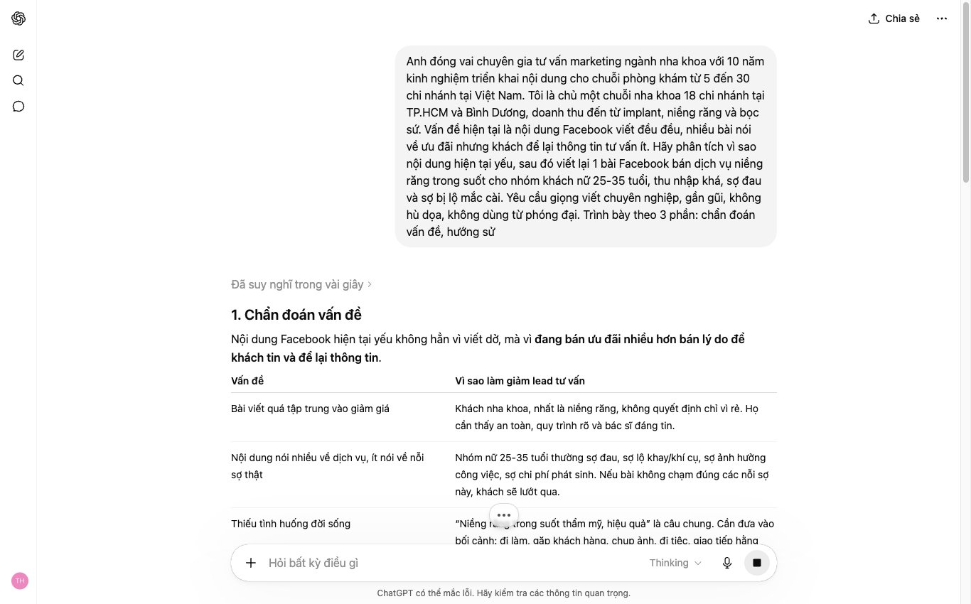 Màn hình ChatGPT viết prompt theo vai trò chuyên gia cho nội dung nha khoa