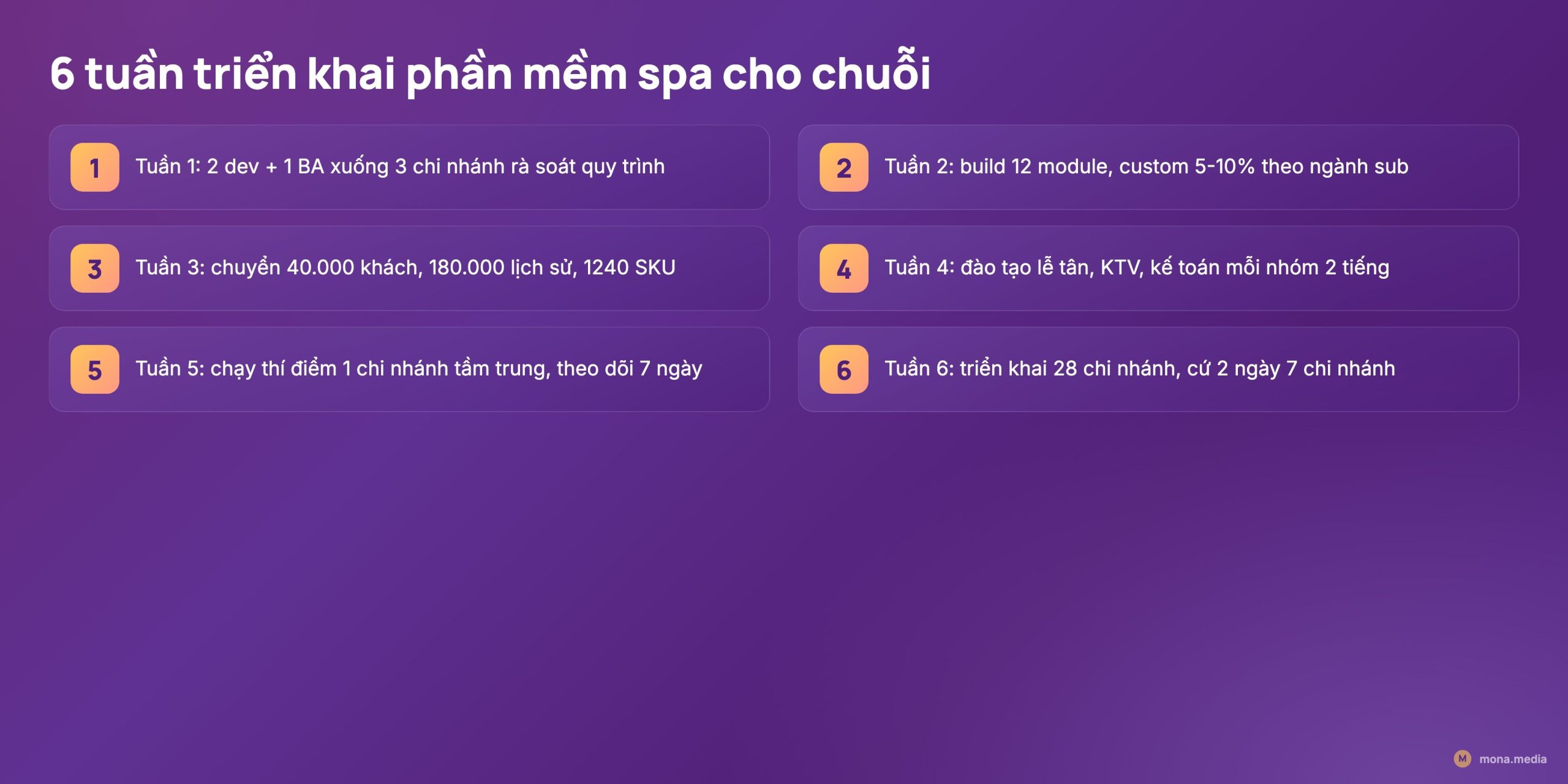 Lộ trình 6 tuần triển khai phần mềm spa từ rà soát quy trình tới 28 chi nhánh - phần mềm quản lý spa salon