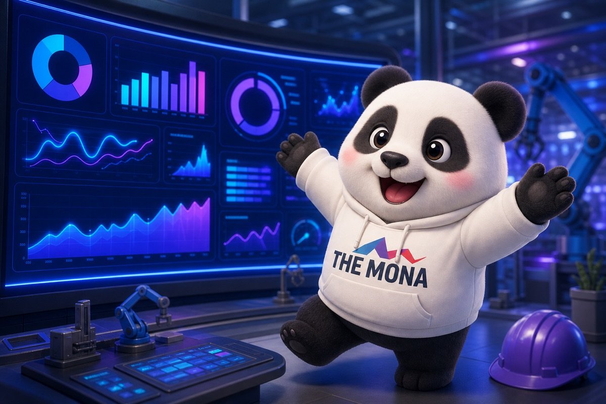 Góc nhìn qua vai chú gấu MONA đang vui vẻ kiểm soát tài sản cố định nhà máy trên màn hình dashboard trực quan, mọi thứ đều trong tầm tay.