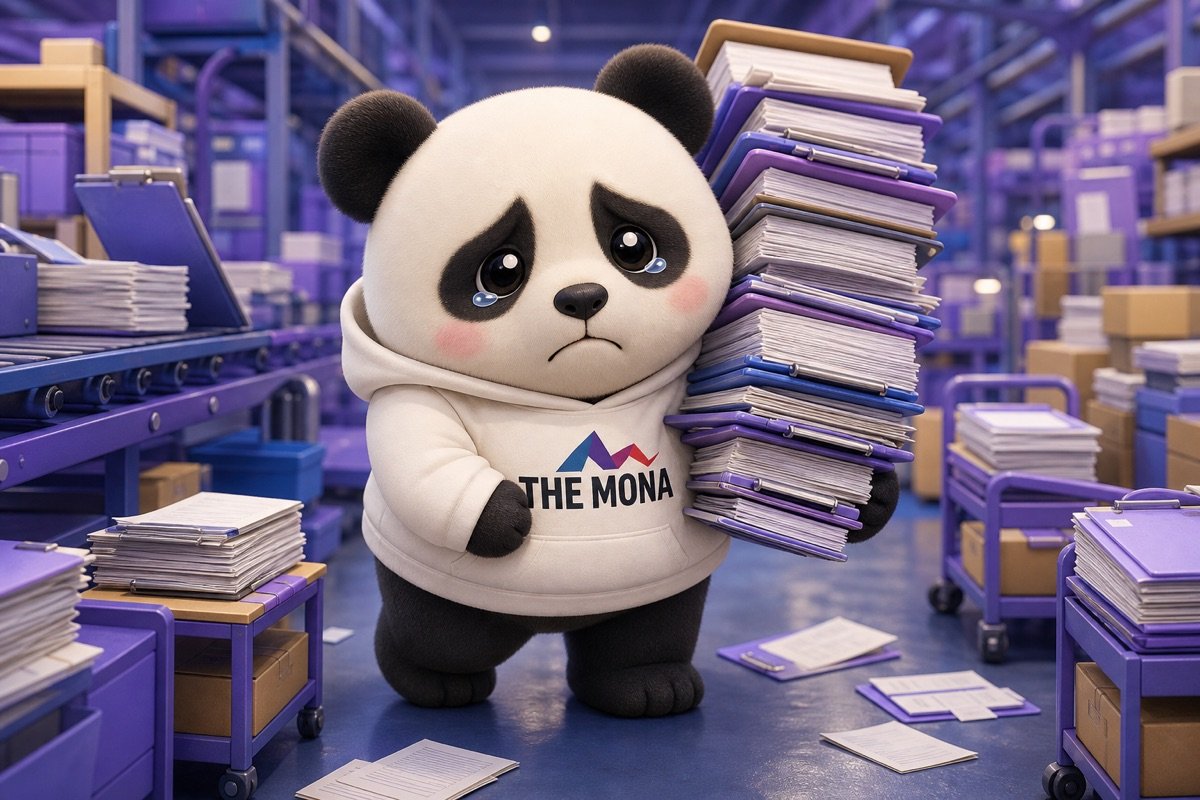 Chú gấu MONA mệt mỏi, rũ rượi di chuyển giữa đống giấy tờ, thể hiện nỗi lo lắng về headcount cồng kềnh trong quản lý tài sản cố định nhà máy thủ công.