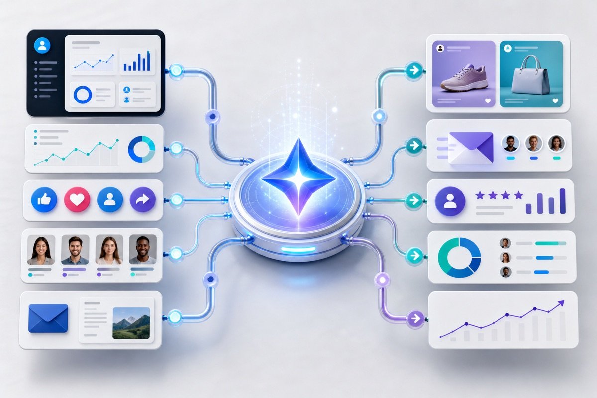 Sơ đồ mô tả quy trình Gemini API kết nối dữ liệu và hành động trong marketing