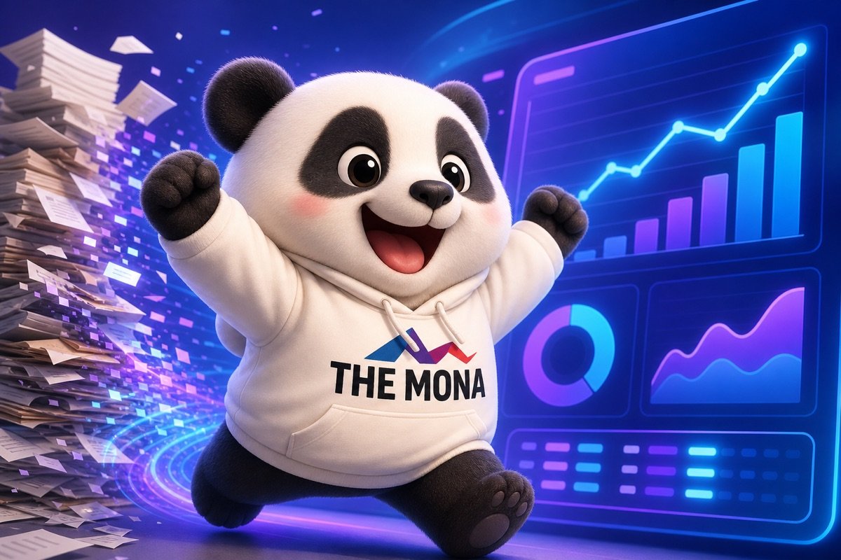 Gấu MONA vui vẻ xem bảng điều khiển số hoá doanh nghiệp sản xuất giảm chi phí.