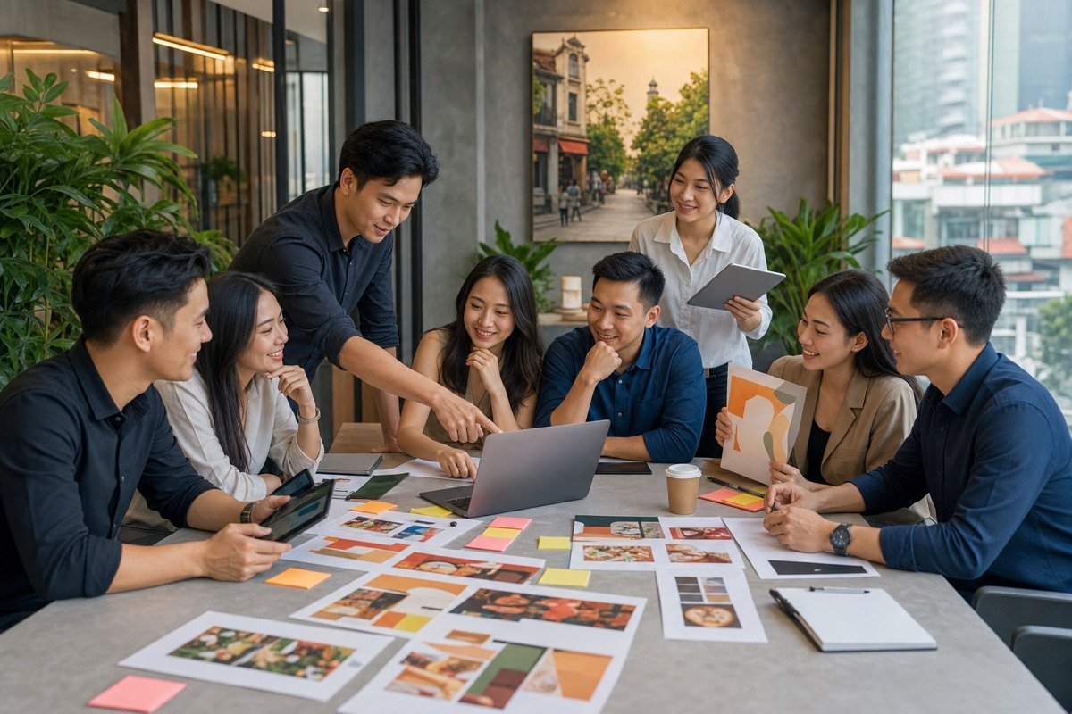 Hình ảnh nhóm marketing sử dụng Canva AI để thiết kế ấn phẩm