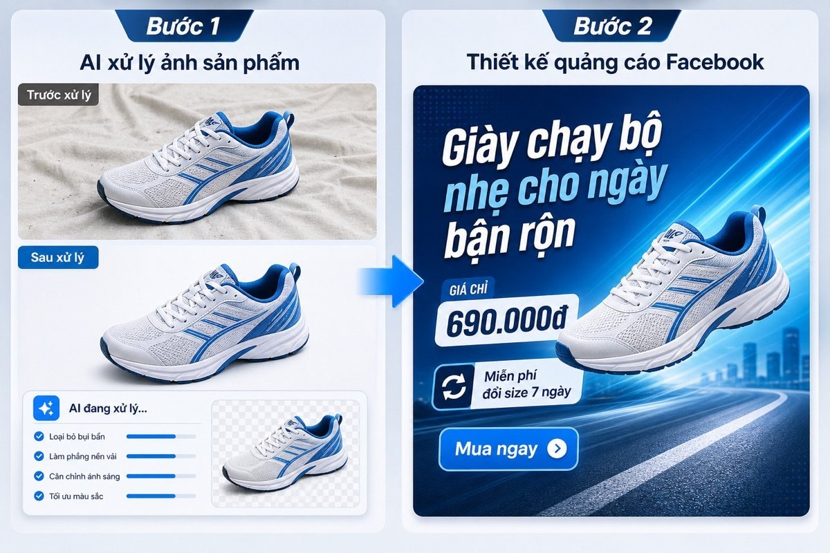 Quy trình 2 công cụ cho ảnh bán hàng: Nano Banana xử lý hình, Canva AI đóng gói thành mẫu chạy được