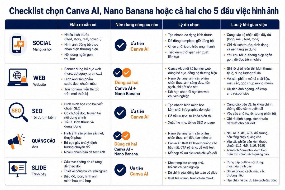 Checklist chọn tool theo 5 đầu việc: social, web, SEO, quảng cáo và slide