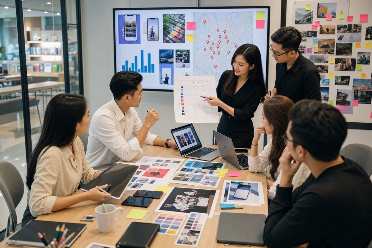 Hình ảnh nhóm marketing cửa hàng bán lẻ điện thoại di động thực hiện checklist chọn công cụ