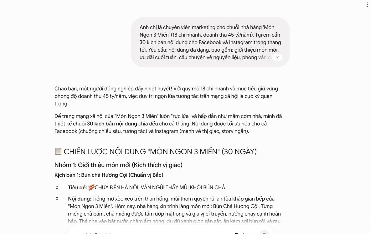 Claude tạo kịch bản social media, chuỗi nhà hàng Món Ngon 3 Miền, nội dung Facebook Instagram, prompt đa vai trò, tối ưu marketing 2026
