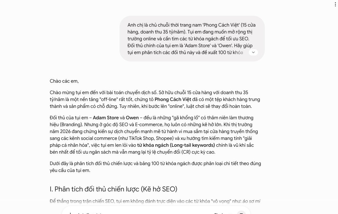 Gemini phân tích từ khóa ngách, chuỗi thời trang Phong Cách Việt, SEO thời trang nam, nghiên cứu đối thủ, tối ưu marketing 2026