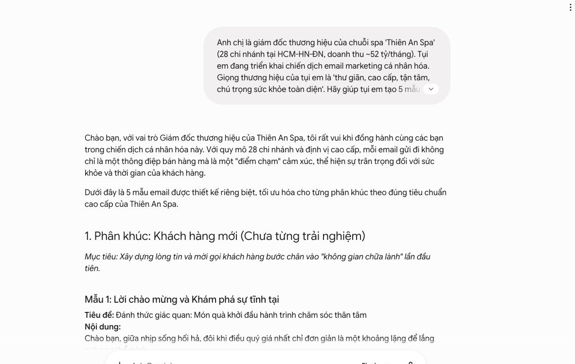 Claude tạo thông điệp cá nhân hóa, chuỗi spa Thiên An Spa, email marketing, giọng thương hiệu, tối ưu marketing 2026