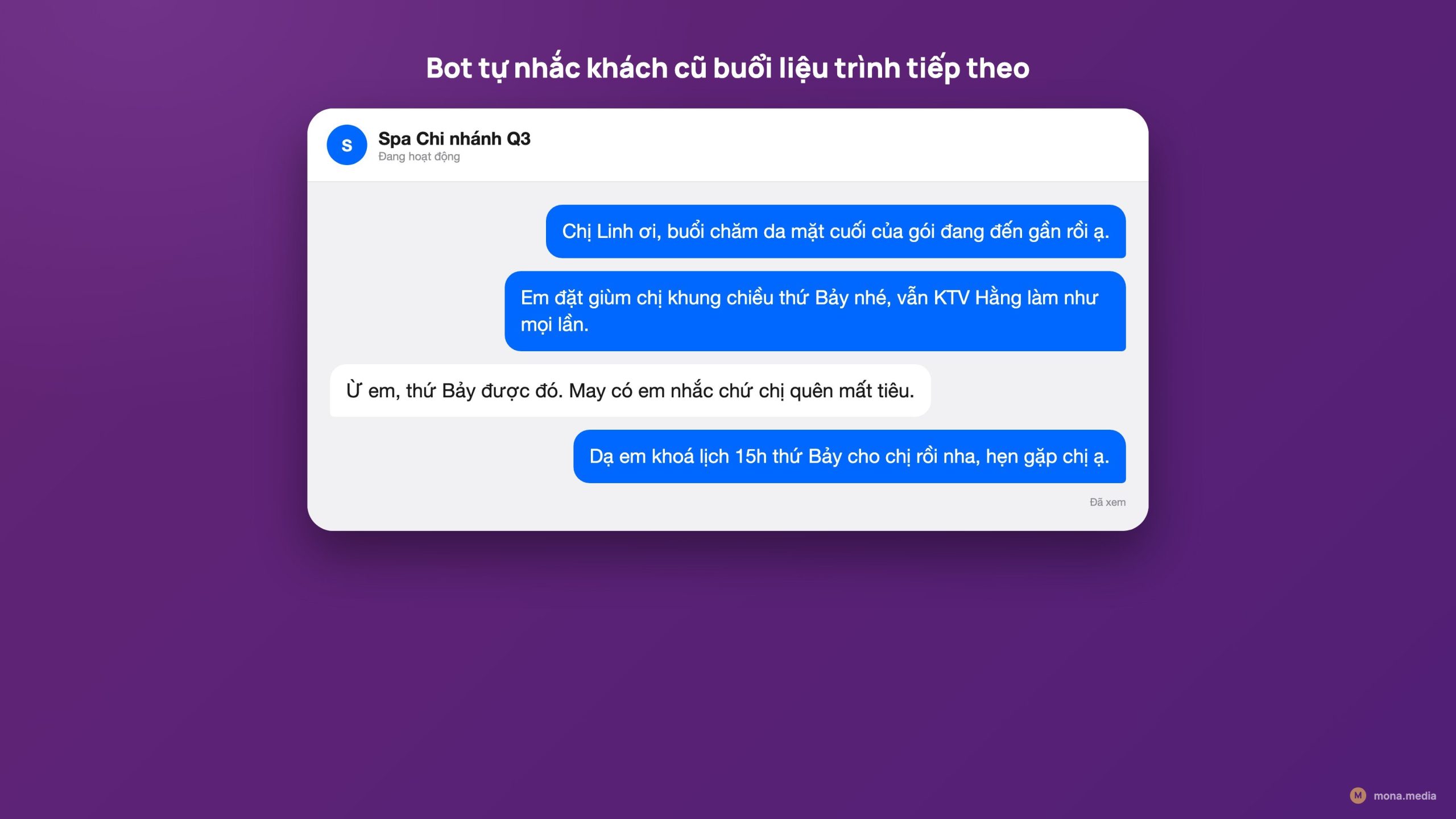 Meme Zalo bot tự nhắc khách cũ liệu trình tiếp theo tự động hoá quy trình spa