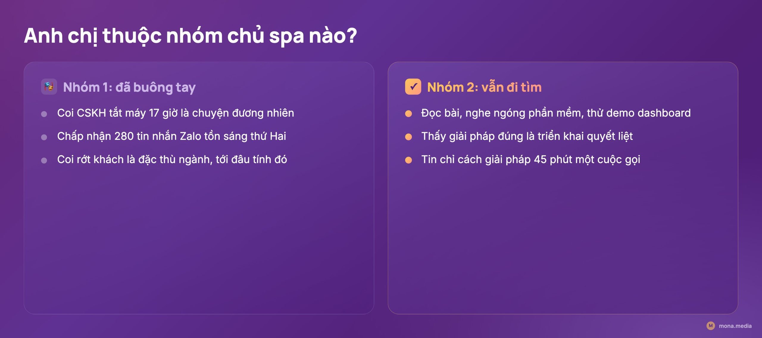 So sánh 2 nhóm chủ spa buông tay và chủ động trong tự động hoá quy trình spa