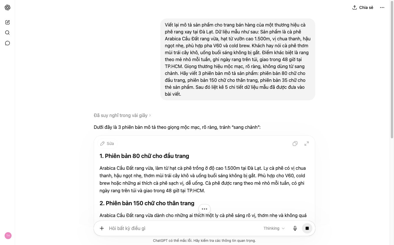 ChatGPT dùng dữ liệu mẫu để cải thiện thư viện prompt ChatGPT cho mô tả sản phẩm cà phê