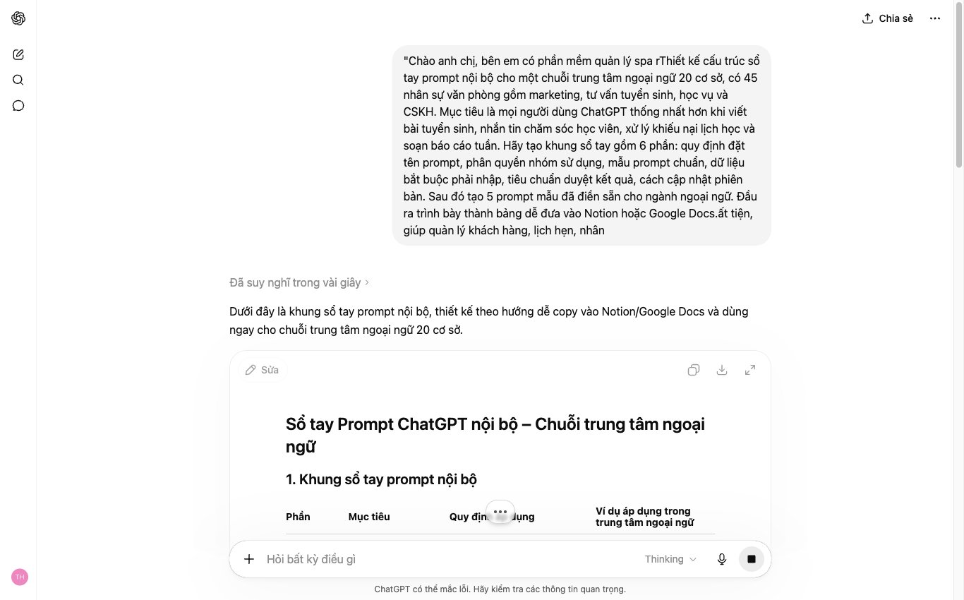 ChatGPT xây sổ tay nội bộ từ thư viện prompt ChatGPT cho chuỗi trung tâm ngoại ngữ