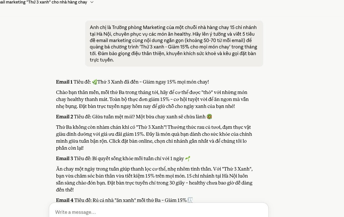 Màn hình Claude tạo email marketing tự động, giúp doanh nghiệp tiết kiệm thời gian và tối ưu công việc.