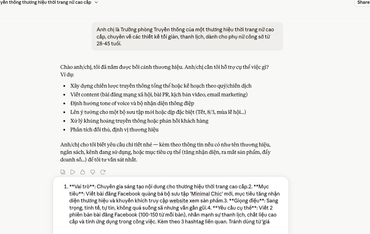 Claude tạo nội dung marketing theo công thức prompt 4 lớp, đảm bảo giọng thương hiệu thời trang.