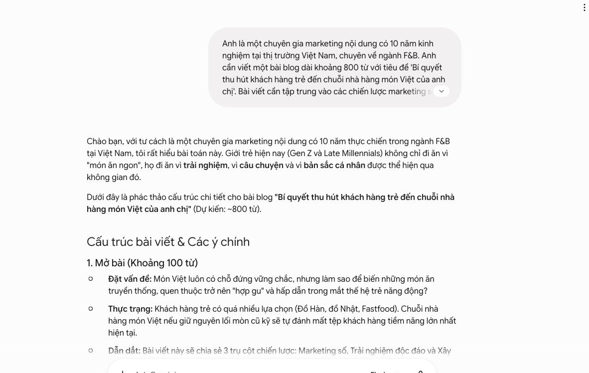Giao diện Gemini hiển thị cấu trúc bài viết blog chi tiết, minh họa cách công cụ AI tăng tốc quy trình sản xuất nội dung.