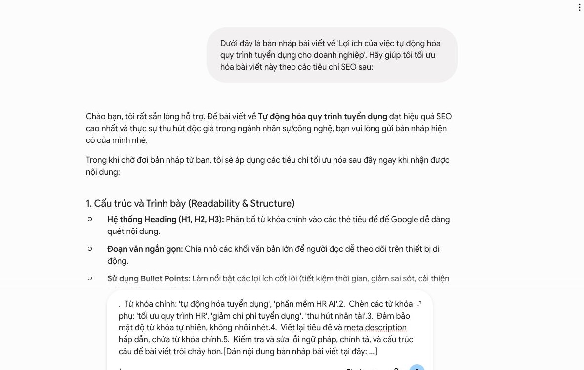 Màn hình Gemini hiển thị quy trình tối ưu hóa bài viết chuẩn SEO, minh họa cách AI thực hiện chuỗi lệnh để cải thiện nội dung.