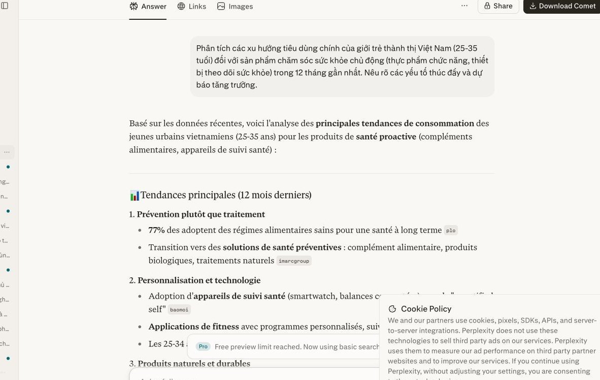 Màn hình Perplexity AI hiển thị phân tích xu hướng tiêu dùng sản phẩm chăm sóc sức khỏe chủ động của giới trẻ Việt Nam, kèm danh sách nguồn tham khảo.