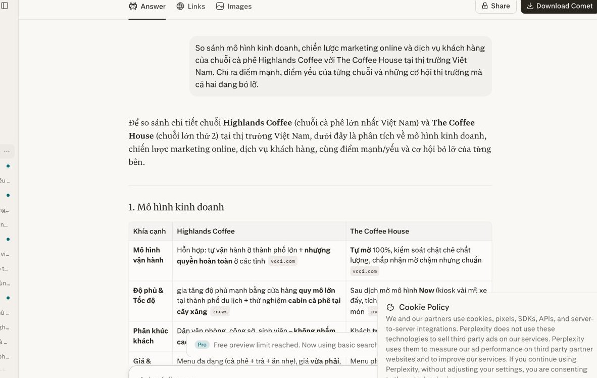 Màn hình Perplexity AI so sánh chiến lược kinh doanh của Highlands Coffee và The Coffee House tại Việt Nam, chỉ ra điểm mạnh, yếu và cơ hội thị trường.
