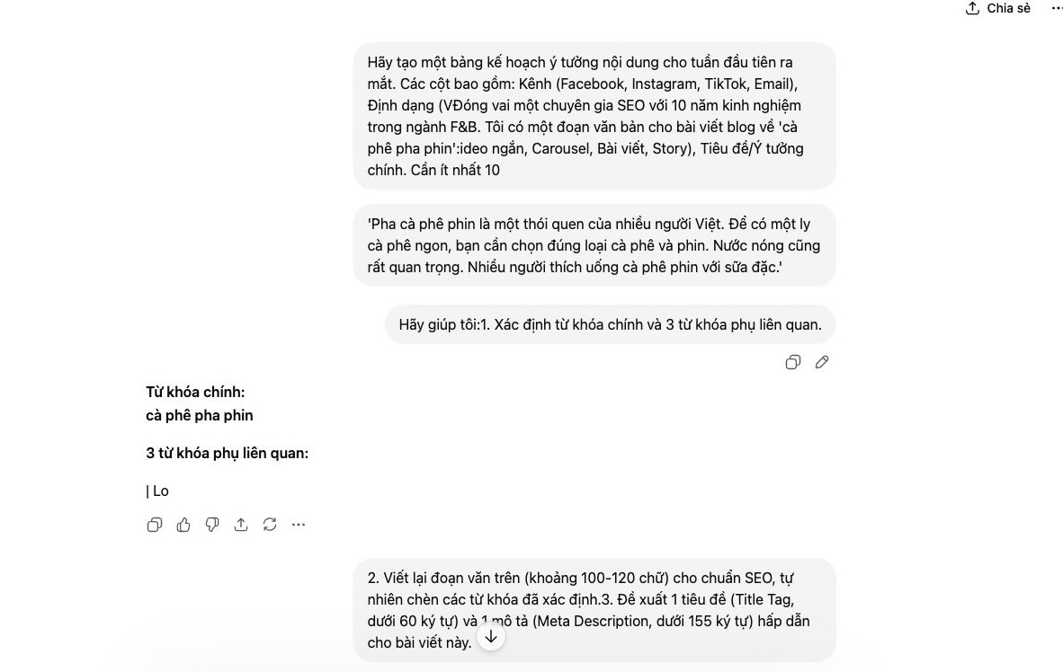 Tối ưu hóa nội dung web và SEO cho bài viết về cà phê bằng ChatGPT