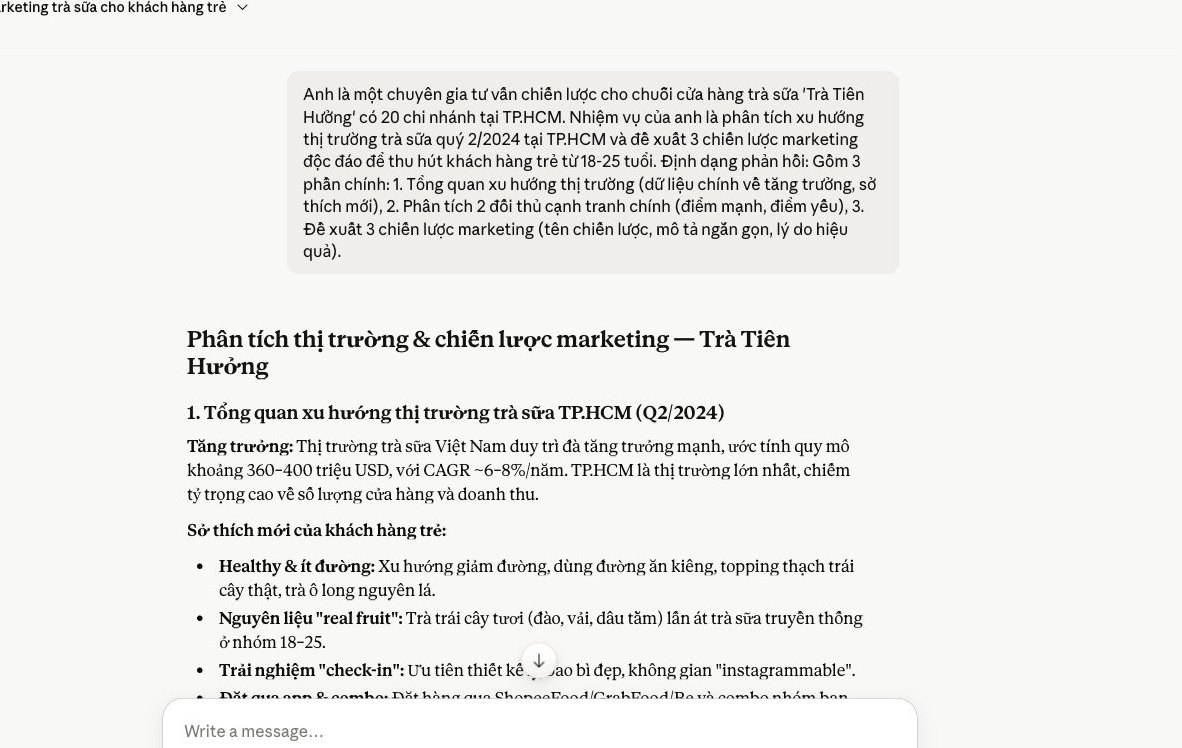 Claude AI tạo chiến lược marketing, prompt định hình kết quả, tối ưu hóa Claude cho doanh nghiệp trà sữa.