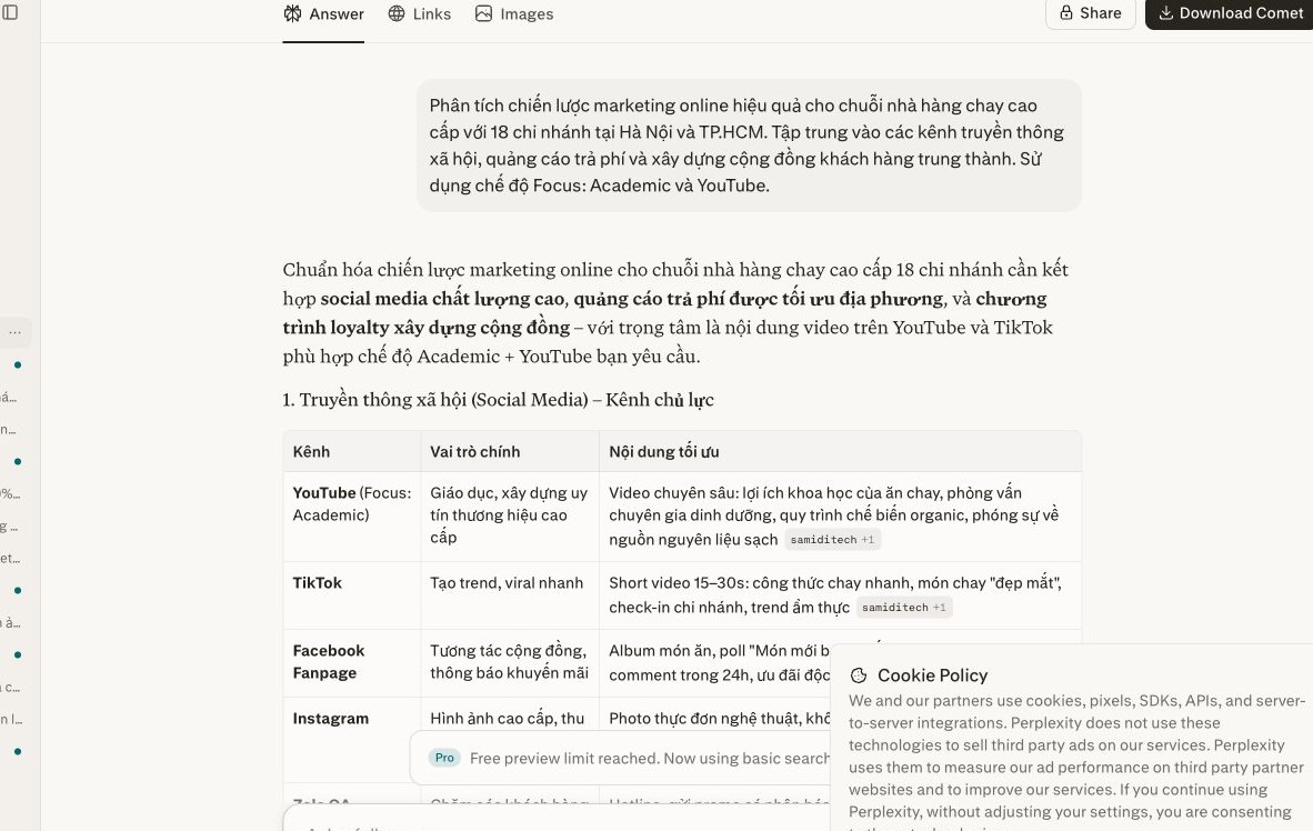 Perplexity Focus, tối ưu hóa tìm kiếm, chiến lược marketing nhà hàng chay cao cấp