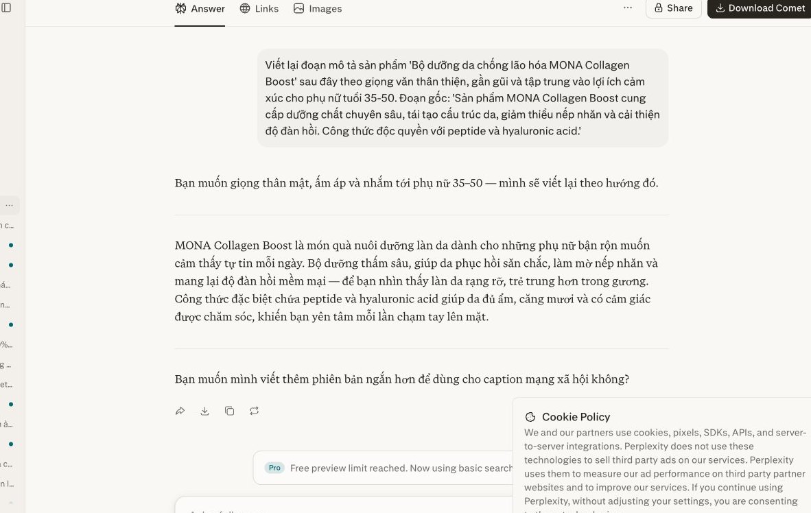 Perplexity Rewrite, tinh chỉnh nội dung, giọng thương hiệu sản phẩm