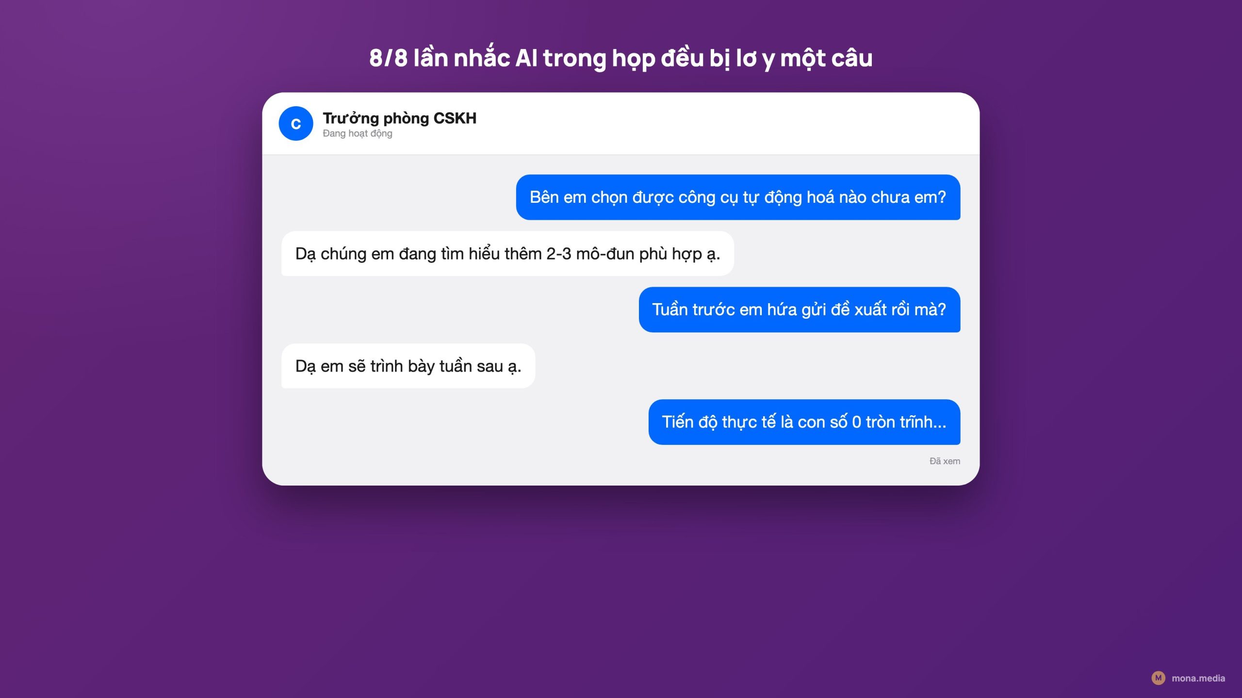Tin nhắn Zalo nhân viên lơ sếp khi nhắc AI trong cuộc họp, trả lời chúng em sẽ nghiên cứu thêm vô thời hạn