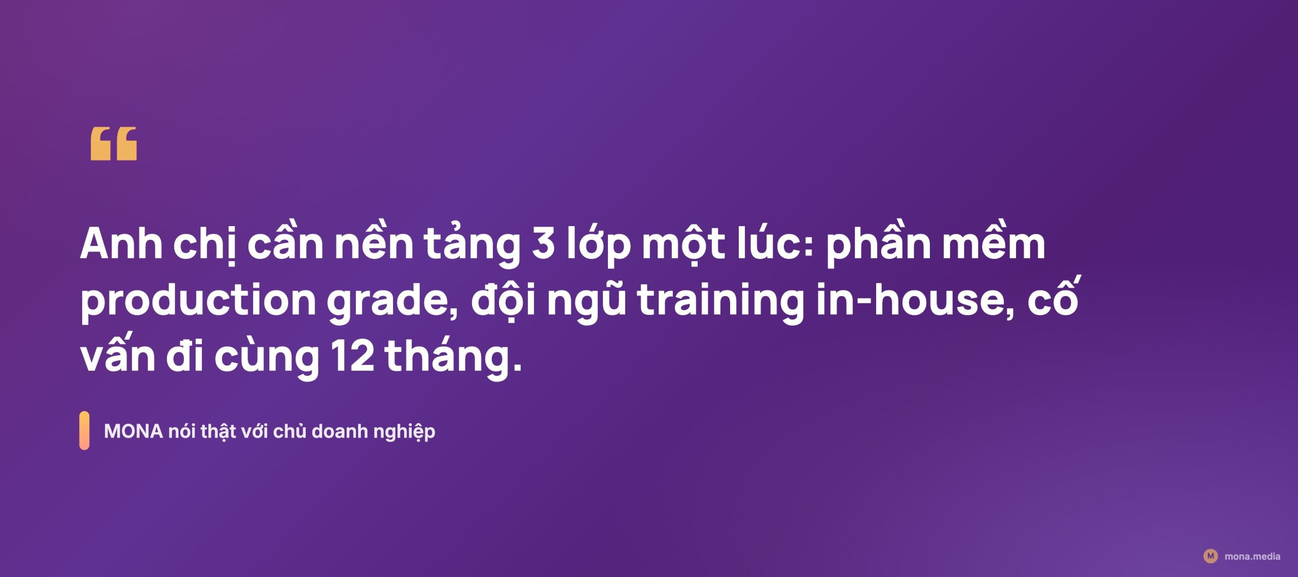 Trích dẫn MONA nói thật anh chị cần nền tảng 3 lớp một lúc phần mềm công nghệ đội ngũ và cố vấn 12 tháng chứ không tự xoay một mình