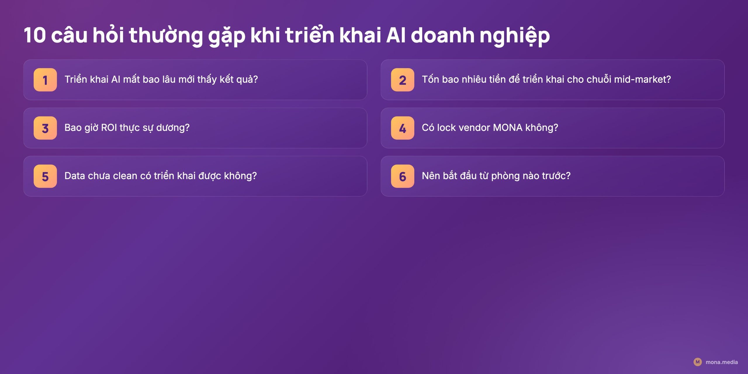 Sáu câu hỏi thường gặp khi triển khai AI doanh nghiệp: mất bao lâu thấy kết quả, tốn bao nhiêu tiền, bao giờ ROI dương, có lock vendor không, data chưa clean được không, bắt đầu phòng nào