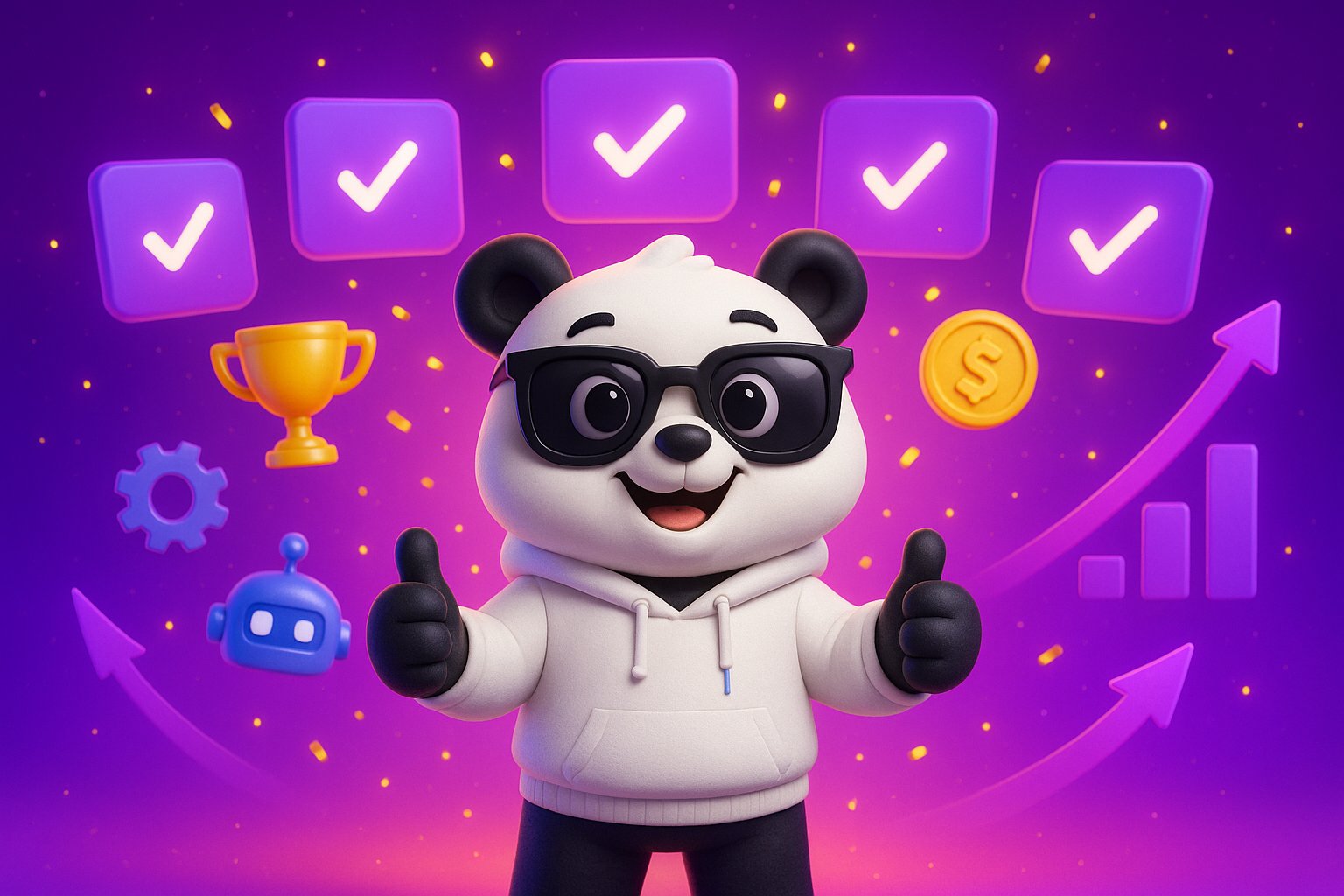 Cẩm nang triển khai AI doanh nghiệp hoàn thành 6 bước - tuần này anh chị làm được gì Panda Pixar 3D ăn mừng thumbs-up trước 6 dashboard panel checkmark hoàn thành - cẩm nang triển khai AI doanh nghiệp 6 bước MONA