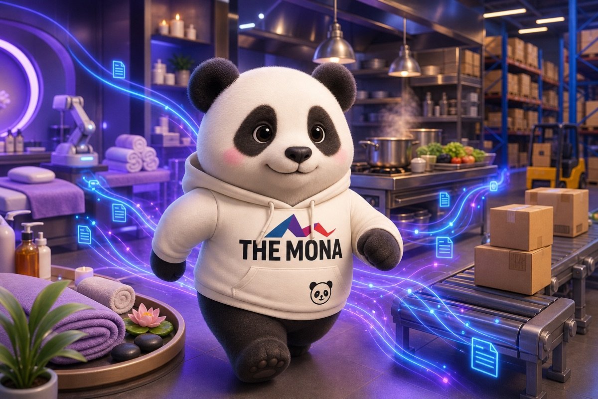 CEO gấu trúc tự tin di chuyển qua các phòng ban, minh họa khả năng tự động hóa báo cáo kinh doanh cho nhiều ngành đặc thù.