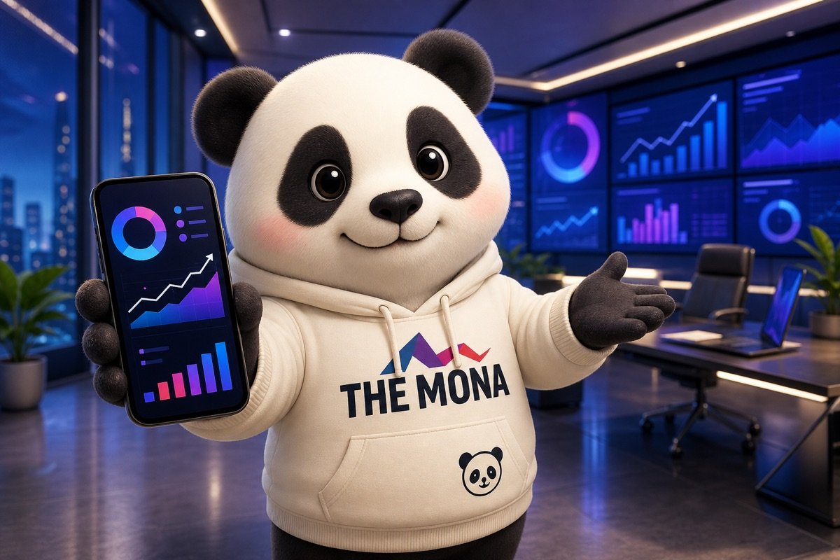 CEO gấu tự tin xem báo cáo kinh doanh tự động hóa trên điện thoại, mời gọi chủ doanh nghiệp khám phá.