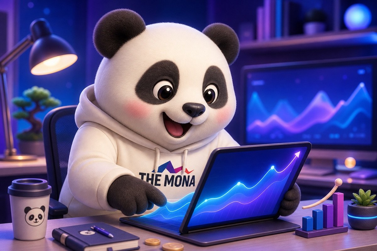 Gấu MONA vui vẻ xem biểu đồ dòng tiền lưu thông, thể hiện sự nhẹ nhõm khi tự động hóa cảnh báo công nợ.