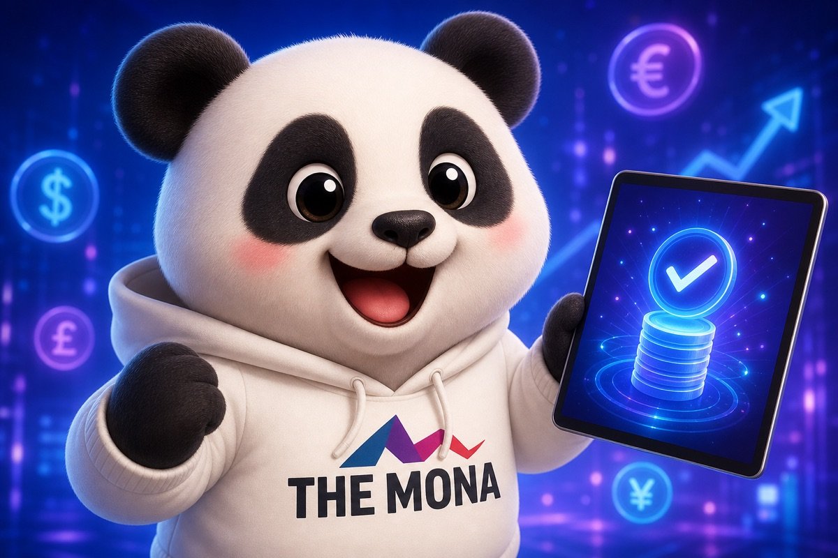 Gấu MONA tươi cười rạng rỡ, cầm máy tính bảng hiển thị thông báo thu hồi nợ thành công nhờ tự động hóa cảnh báo công nợ.