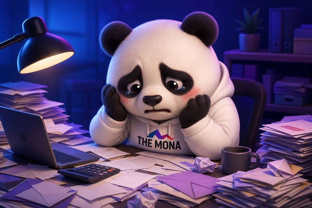 Gấu MONA buồn rũ rượi bên bàn làm việc đầy hóa đơn, thể hiện nỗi lo lắng về các khoản nợ khó đòi trước khi tự động hóa.