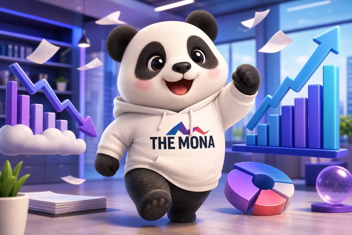 Chú gấu MONA tự tin giữa văn phòng hiện đại, biểu tượng cho tự động hóa cảnh báo công nợ hiệu quả.