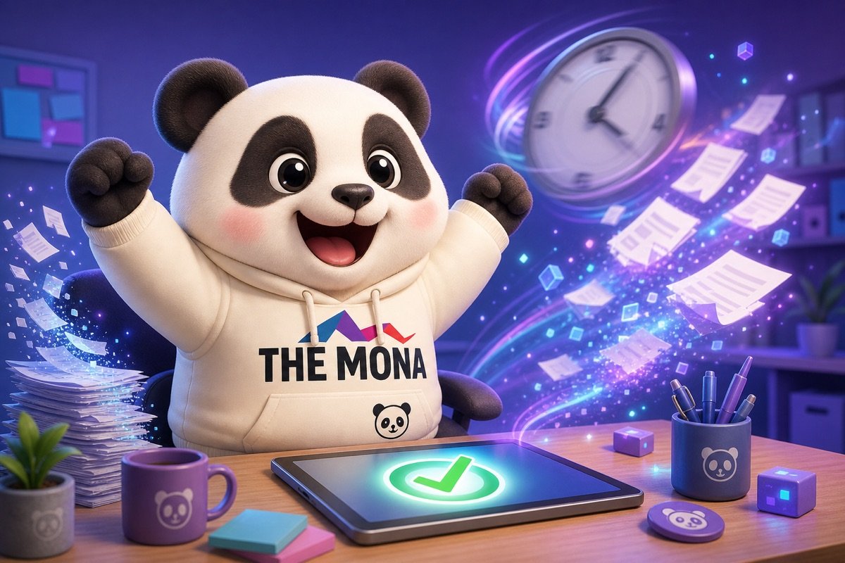 Gấu trúc chibi nhẹ nhõm, vui vẻ khi hồ sơ duyệt chi thủ công biến thành quy trình số hóa, thể hiện sự tiết kiệm thời gian.