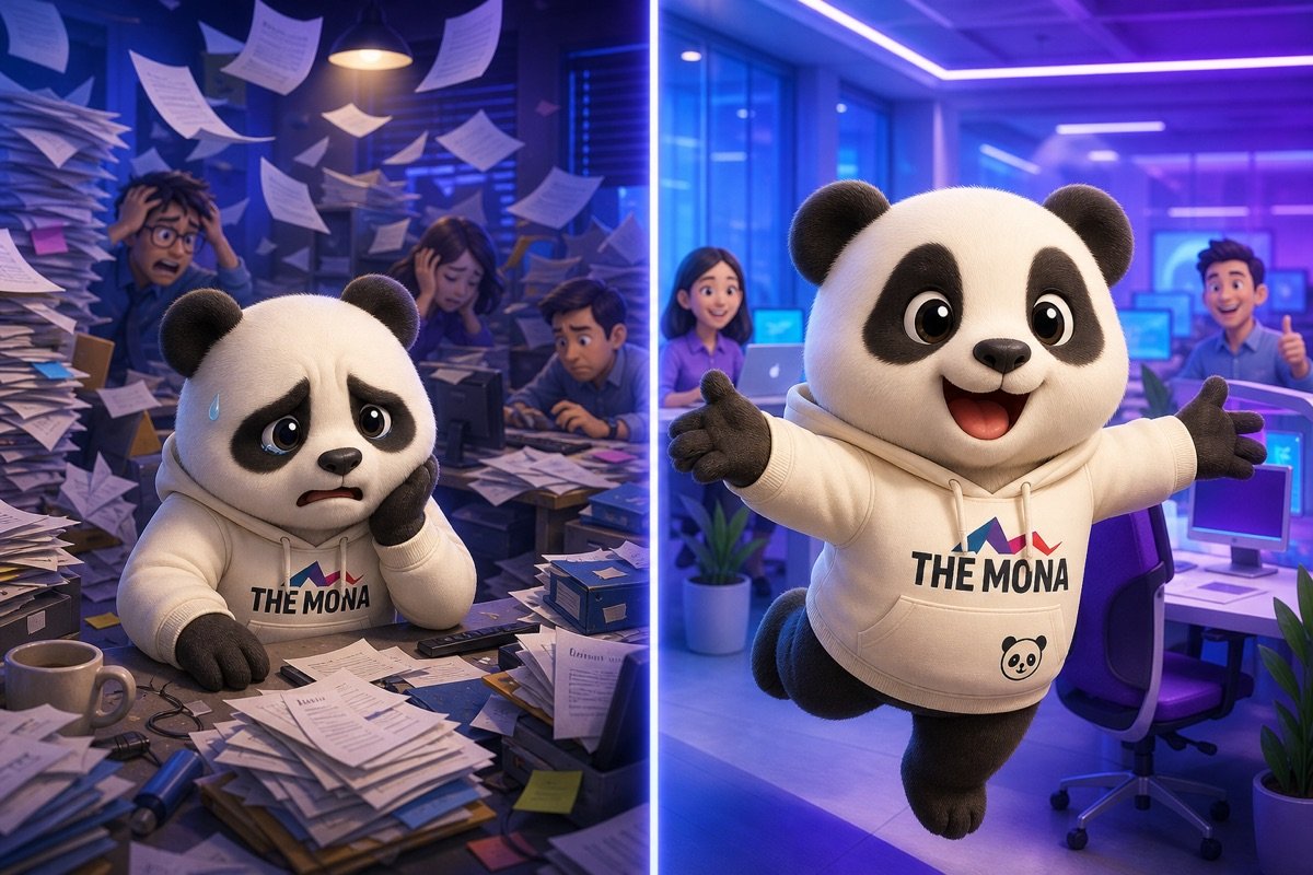 Gấu trúc chibi tươi cười mời gọi, minh họa sự chuyển đổi từ duyệt chi thủ công sang tự động hóa hiệu quả.