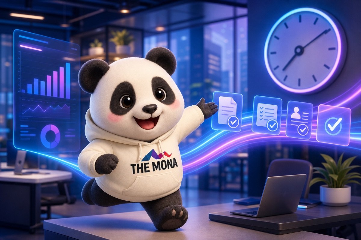Gấu trúc chibi tự tin, tươi tắn trong văn phòng hiện đại, biểu tượng cho tự động hóa duyệt chi hiệu quả.