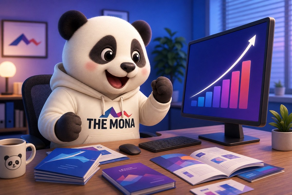 Chú gấu panda vui mừng, nhẹ nhõm khi nhìn màn hình hiển thị doanh số tăng trưởng, thoát khỏi cảnh ế khách do marketing B2B thủ công.