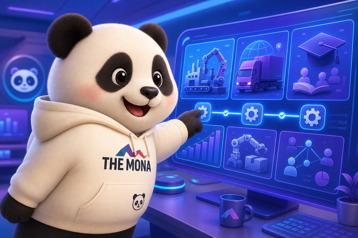 Góc nhìn qua vai chú gấu panda vui mừng, cười rực rỡ khi xem màn hình hiển thị thành công của tự động hóa marketing B2B trên nhiều lĩnh vực khác nhau, giúp tránh bỏ lỡ cơ hội.