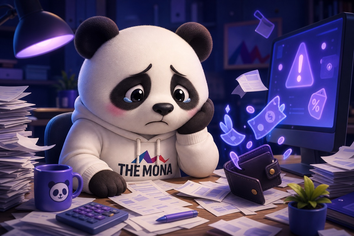 Chú gấu MONA buồn bã vì tiền chảy ra từ quy trình thu mua thủ công, bỏ lỡ cơ hội giá tốt.
