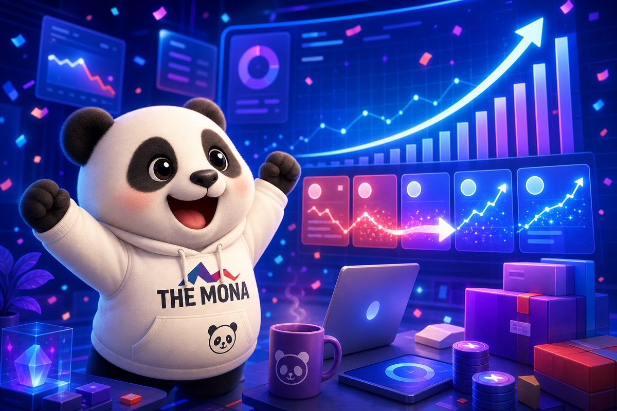 Gấu trúc nhìn màn hình điều khiển, biểu đồ lợi nhuận tăng vọt sau khi sửa lỗi báo giá chiết khấu, minh họa hiệu quả của tự động hoá quy trình đặt hàng.