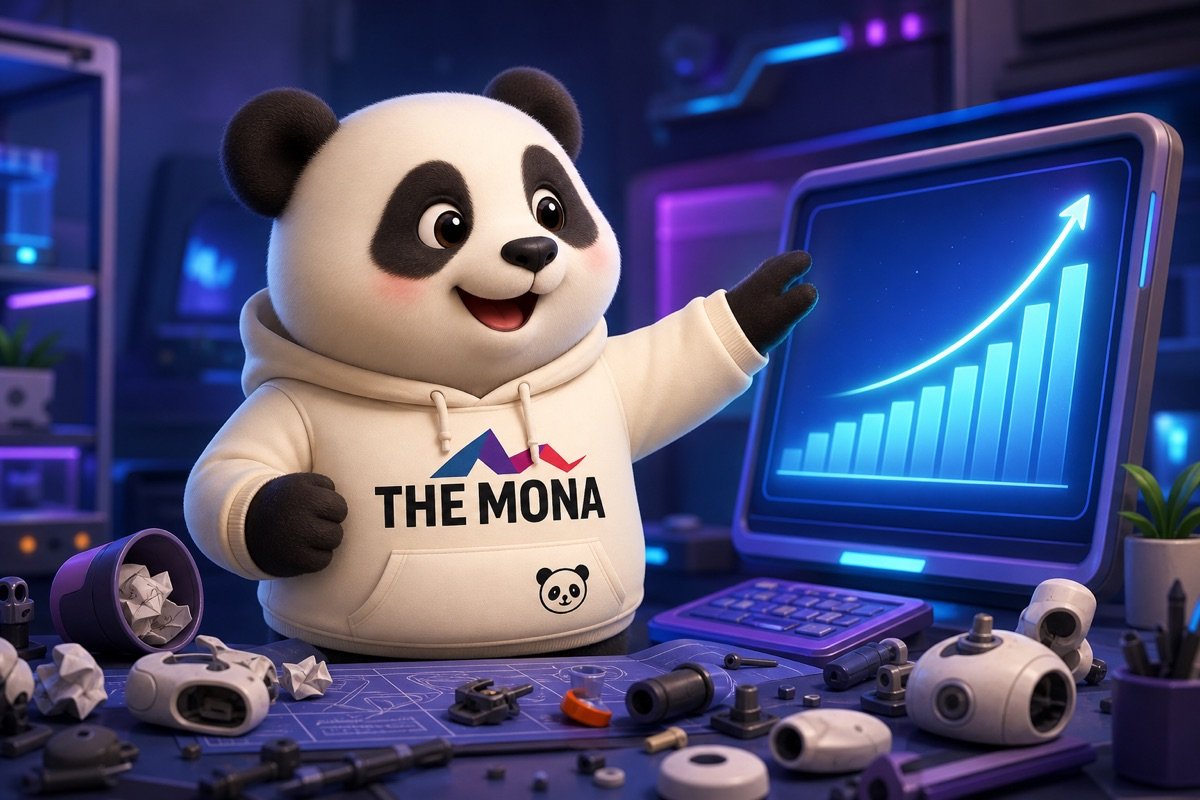 Chú gấu MONA vui vẻ trước màn hình hiển thị sản phẩm mới thành công, giải quyết nỗi lo ế khách trong R&D.