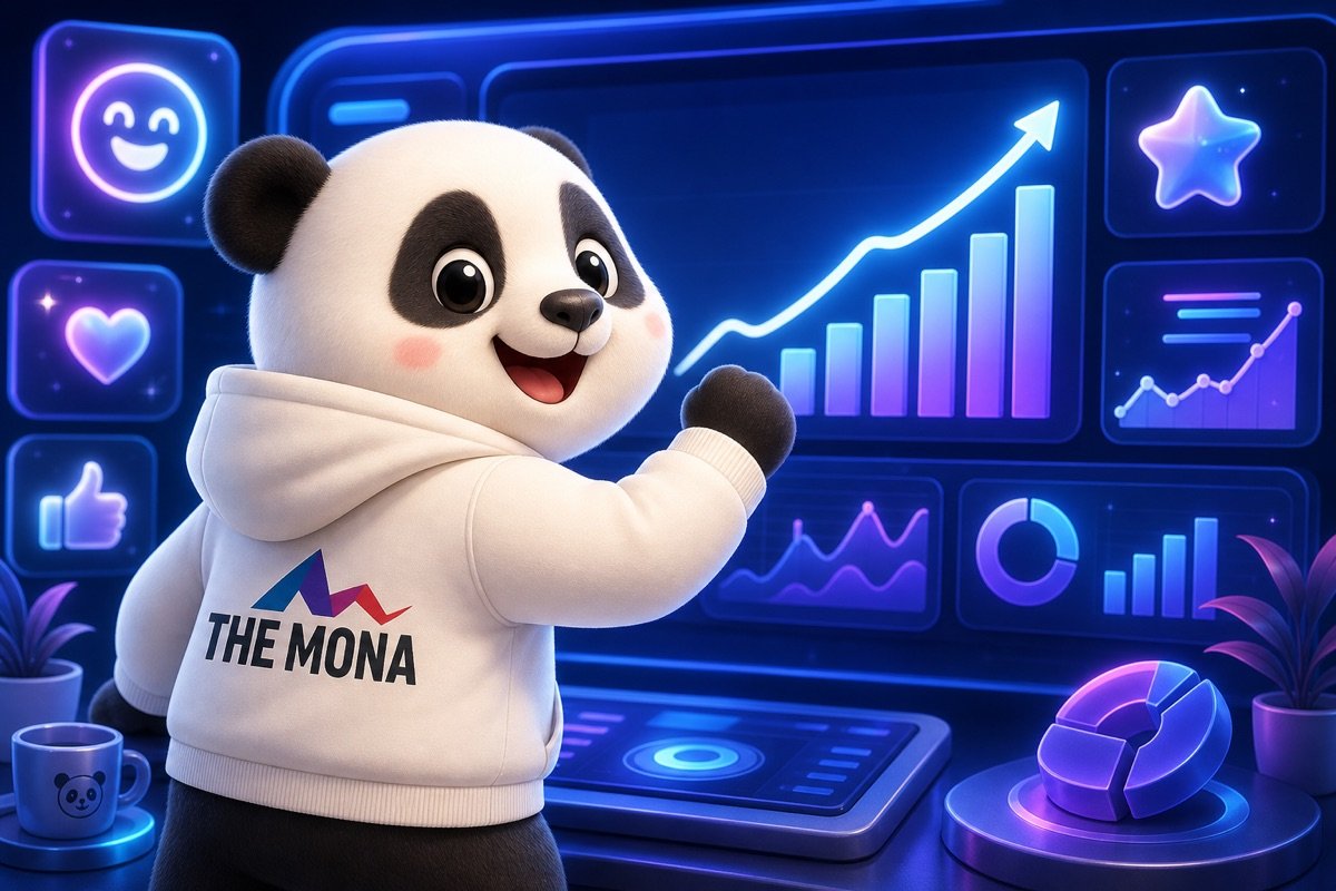Màn hình hiển thị dữ liệu thị trường tích cực qua góc nhìn của chú gấu MONA, cho thấy hiệu quả của tự động hóa R&D.