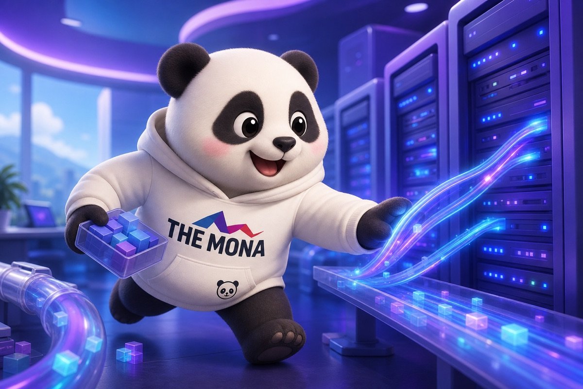 Chú gấu MONA năng động di chuyển trong không gian làm việc số hóa, thể hiện kiểm soát dữ liệu hiệu quả nhờ tự động hóa R&D.