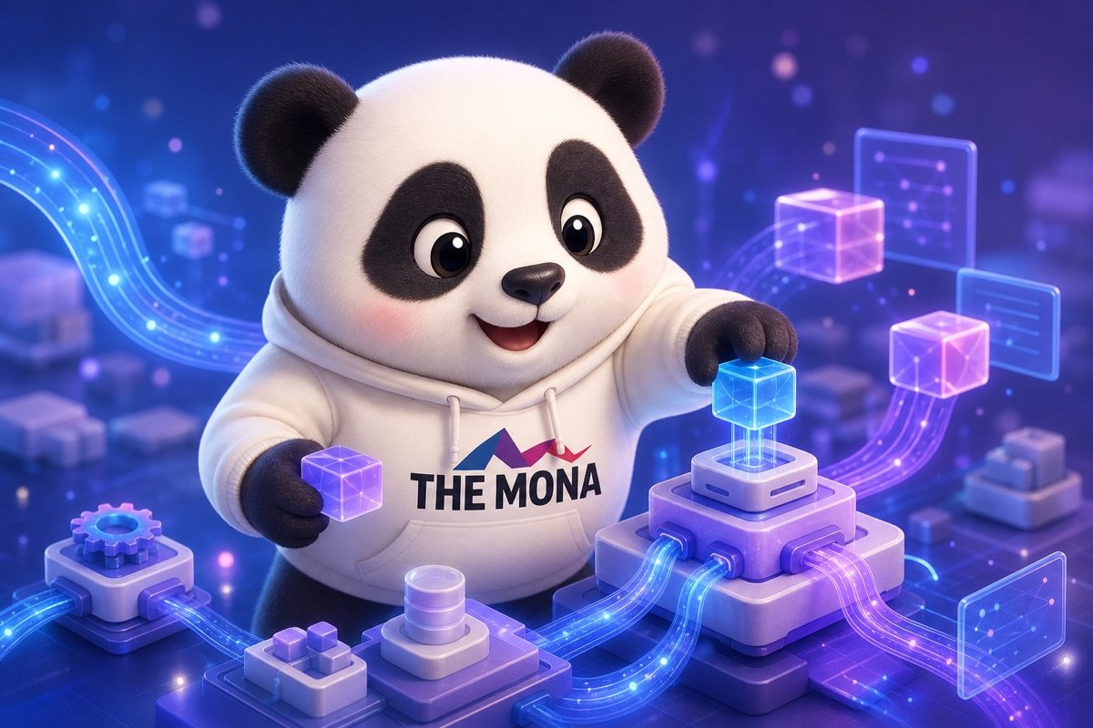 Chú gấu MONA với vẻ mặt ngạc nhiên và hiểu rõ về giải pháp tự động hóa R&D mô-đun của MONA, vượt qua sự mơ hồ về AI.