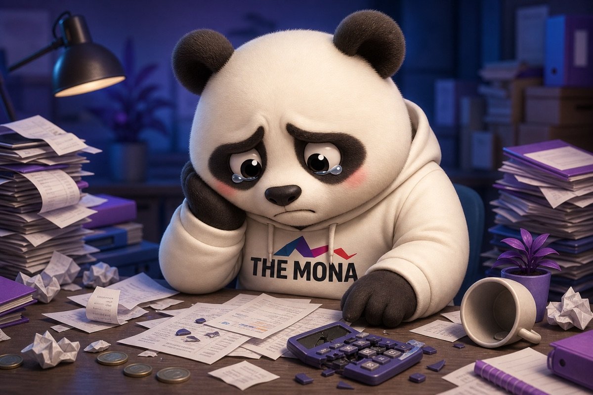 Chú gấu MONA buồn bã và lo lắng trước đống hóa đơn, thể hiện nỗi đau tiền chảy ra trong R&D truyền thống.